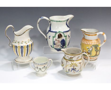 A Staffordshire pearlware Shakespear [sic] The Poet, Miser and Spendthrift jug, circa 1830, relief moulded and coloured with 