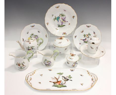 A Herend Rothschild Bird pattern part service, comprising oblong two-handled tray, length 37cm, small teapot and cover, two g