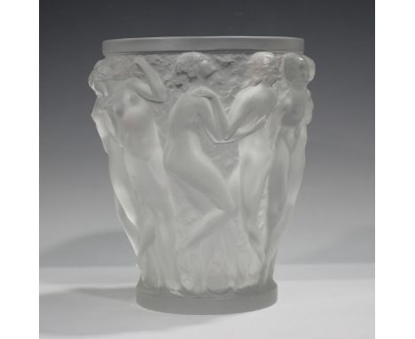 A Lalique Bacchantes frosted glass large vase, post-1945, of tapered cylindrical form, moulded in high relief with female nud