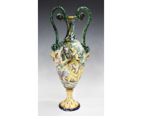 An Italian maiolica two-handled Cantagalli type vase, early 20th century, the tapered body painted with a figural Bacchanalia