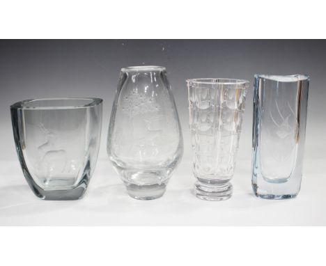 An Orrefors glass vase, 20th century, designed by Simon Gate, of footed flared cylindrical form in the 1000 Windows pattern, 