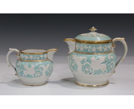 A Ridgway pale green ground Griffin and Cherub white sprigged jug and cover, circa 1815, with gilt rims, iron red pattern No.