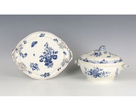 A Worcester large tureen and cover, circa 1780, of lobed oval shape, printed in underglaze blue with bouquets and sprigs from