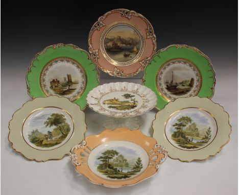 A pair of Ridgway porcelain apple green ground cabinet plates, mid-19th century, pattern No. 6741, painted with harbour views