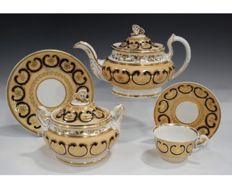 A Ridgway part tea service with butterfly finials, circa 1820-25, pattern No. 2/942, the salmon pink ground painted with gilt