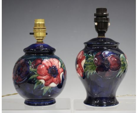 Two Moorcroft Anemone pattern table lamp bases, circa 1953-78, each with cobalt blue ground, one of baluster shape, height 16