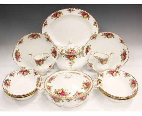 A Royal Albert Old Country Roses pattern part service, comprising tureen and cover, four circular cake plates, twelve soup pl