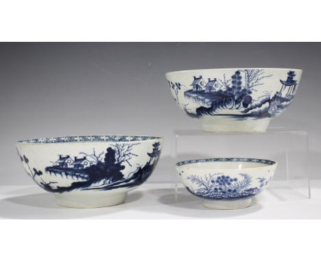 Two Worcester graduated blue painted circular bowls, circa 1765-75, each in the Precipice pattern, both with blue painted ope