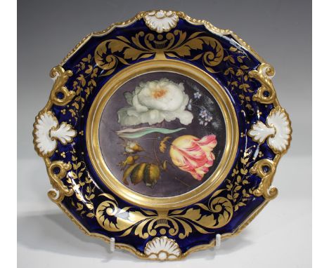 A New Hall porcelain botanical cabinet plate, circa 1830, painted with a tulip and rose against a shaded grey ground within a