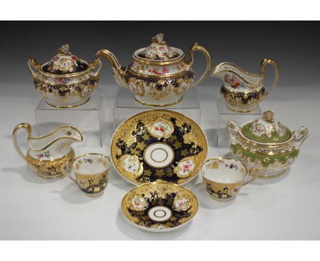 A Ridgway relief moulded three-piece tea service, circa 1820, pattern No. 2/835, painted with floral sprigs within gilt enric