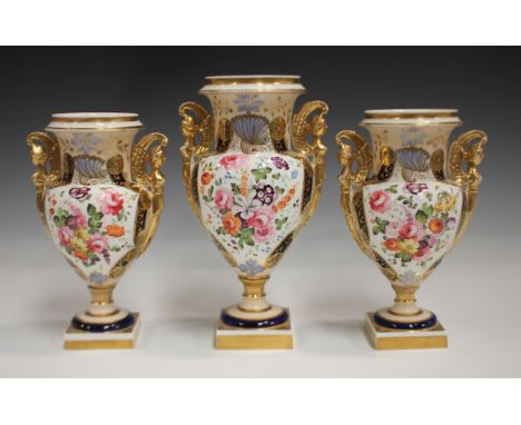 A garniture of three English porcelain vases, historically believed to be Ridgway but probably Spode or Davenport, circa 1820