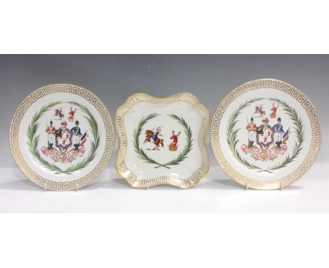 Three Chamberlains Worcester armorial dessert wares, circa 1814, comprising two plates, painted with the arms, supporters and