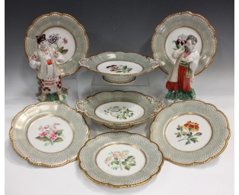 A George Skinner &amp; Co porcelain part dessert service, circa 1860, painted with flower specimens against a green and gilt 