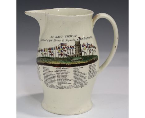 A rare Liverpool creamware jug, circa 1790, printed in black and hand coloured with 'An East View of Liverpool Light House &a