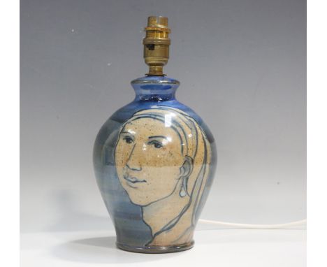 A Robert Goldsmith Selborne Pottery lamp base, decorated by Eve Goldsmith with a girl with a pearl earring, impressed marks t