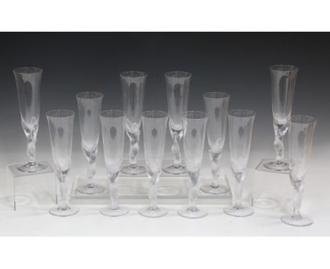 A set of twelve Fabergé 'Snow Dove' glass champagne flutes, designed by Igor Carl Fabergé, acid etched marks to bases, height