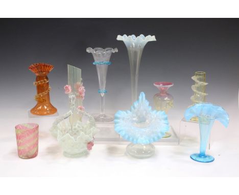 A mixed group of coloured and opalescent glassware, mostly late 19th century, including a cylindrical vaseline glass vase, pr