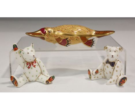 A Royal Crown Derby Australian Collection Duck-billed Platypus, gilt stopper to base, together with two Royal Crown Derby ted