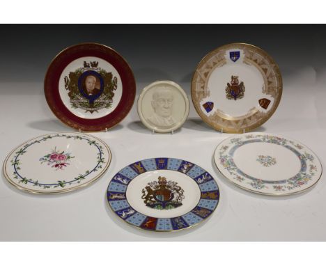 A mixed group of ceramic commemoratives, 20th century, mostly plates, but including a Royal Worcester circular plaque depicti