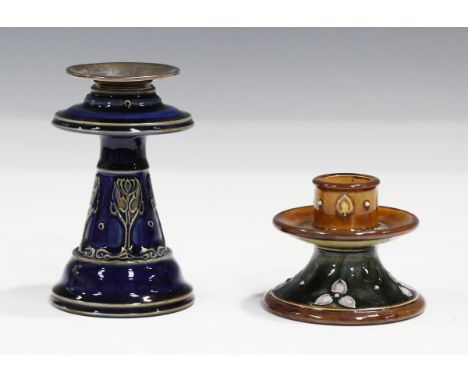 A Royal Doulton stoneware silver mounted Art Nouveau candlestick, dated 1903, decorated by Ethel Beard, monogrammed, the blue