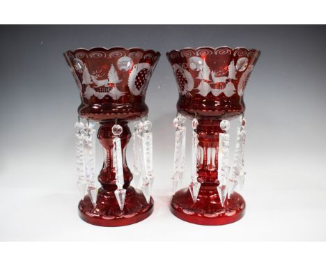 A pair of ruby overlay and clear glass lustres, late 19th century, each scallop rimmed bowl decorated with countryside scenes