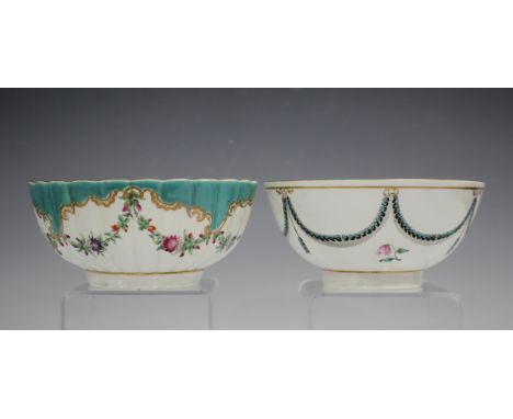 A Worcester slop bowl, circa 1780, painted with swags of turquoise, black and gilt husks from a gilt band, diameter 15.5cm, t