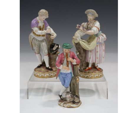 A pair of Meissen figures, late 19th century, modelled as a gardener grafting a tree, some twigs in his upturned hat, incised