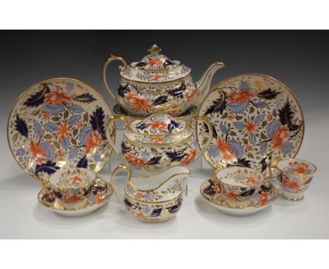 A Ridgway Imari decorated tea-for-two, circa 1815, pattern No. 2/473, with iron red flowers on light and dark blue gilt enric