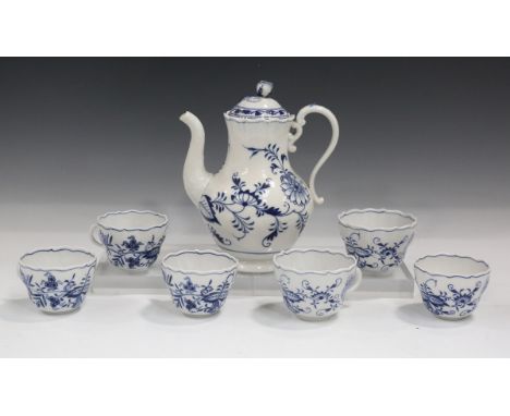 A group of Meissen Onion pattern wares, 20th century, comprising coffee pot and cover, two teacups and saucers, four coffee c