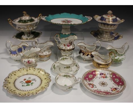 A Ridgway porcelain sauce tureen and cover with integral stand, circa 1825, gilt with foliate scrollwork above a floral paint