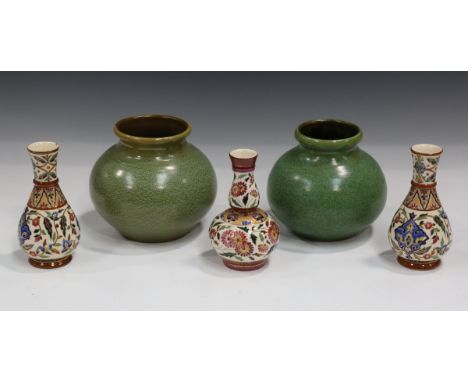 Two Brannam speckled green glazed vases, early 20th century, both of globular form, heights 16.5cm and 16cm, a Gien pottery d