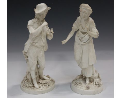 A rare pair of Derby biscuit porcelain Alpine shepherd and shepherdess figures, circa 1790, he playing a pipe, she wearing a 