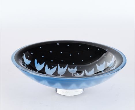 Nilsson, Anne, Orrefors, "Ariel Tulip", Schale, Studioglas, limitierte Auflage, Überfangglas, schwarz, blau, klar, mit neun s