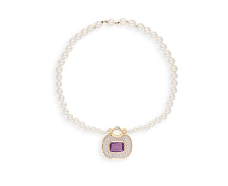 A CULTURED PEARL AND GEM-SET NECKLACE Composed of a single row of graduated cultured pearls of cream tint measuring approxima