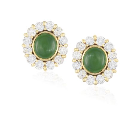 A PAIR OF JADEITE JADE AND DIAMOND EARRINGS Each collet-set round cabochon jadeite jade, within a brilliant-cut diamonds surr