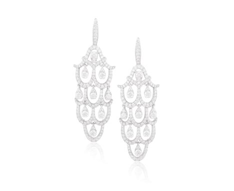 A PAIR OF DIAMOND PENDENT EARRINGS Of chandelier design, each quadruple-tiered chandelier pendant set throughout with brillia