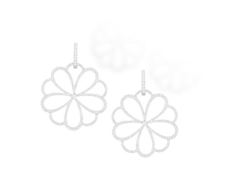 A PAIR OF DIAMOND PENDENT EARRINGS, BY ADLER Each designed as an openwork stylised flowerhead, pavé-set with round brilliant-