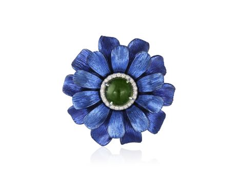     A TOURMALINE, DIAMOND AND TITANIUM RING, BY MARGHERITA BURGENER Designed as a flowerhead, set with a circular-cut green t