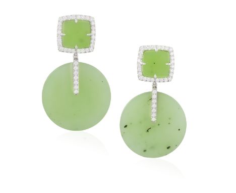 A PAIR OF JADE AND DIAMOND PENDENT EARRINGS, BY MARGHERITA BURGENER  Each polished square jade plaque within a pavé-set brill