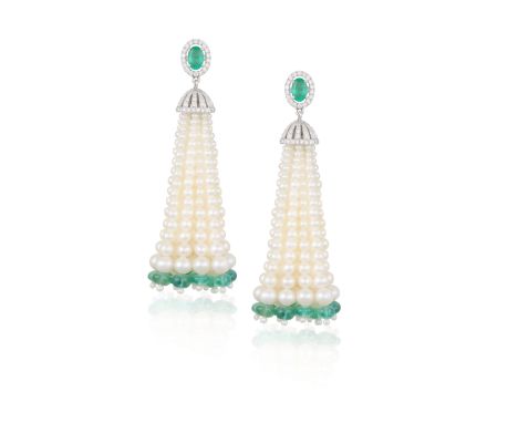 A PAIR OF CULTURED PEARL, EMERALD AND DIAMOND PENDENT EARRINGS Each surmount set with an oval-shaped emerald within a brillia