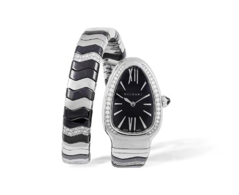 A LADY'S 'SERPENTI TUBOGAS' STAINLESS STEEL, CERAMIC AND DIAMOND-SET SERPENTINE BRACELET WATCH, BY BULGARI 5-jewel ETA quartz