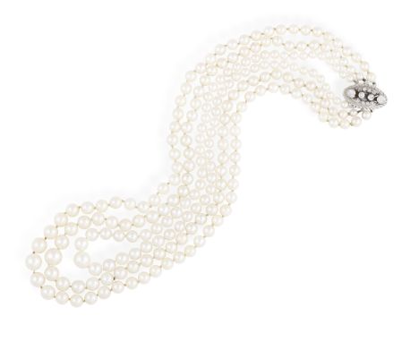 A CULTURED PEARL NECKLACE WITH DIAMOND CLASP Composed of three rows of graduated cultured pearls of cream tint, measuring app