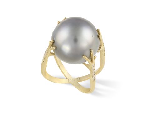 A CULTURED PEARL AND DIAMOND 'LE ROI GRENOUILLE' RING, BY JULIE GENET Composed of a large central Tahitian cultured pearl of 