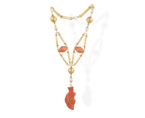 A STRIKING CORAL, PEARL AND GOLD SAUTOIR NECKLACE, BY CARTIER, CIRCA 1965-70 The hippie chic necklace composed of a series of