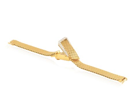 A GOLD AND DIAMOND SECRET BRACELET WATCH, BY VAN CLEEF &amp; ARPELS, CIRCA 1955 The articulated mesh-link bracelet with a cen