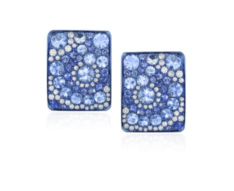 A PAIR OF AQUAMARINE, SAPPHIRE AND DIAMOND EARRINGS, BY MARGHERITA BURGENER Each rectangular bombé plaque set throughout with