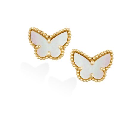 A PAIR OF 'SWEET ALHAMBRA' MOTHER-OF-PEARL EARSTUDS, BY VAN CLEEF AND ARPELS Each butterfly mother-of-pearl plaque within a g