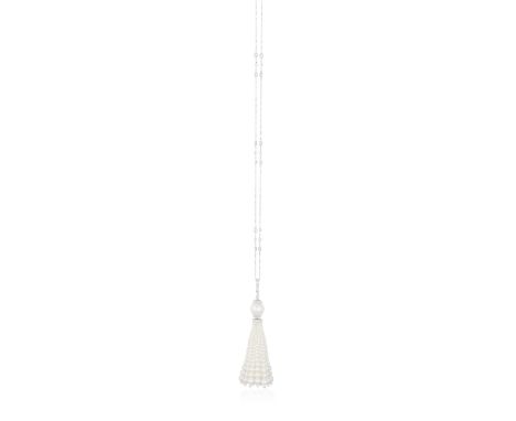 A CULTURED PEARL, DIAMOND AND SAPPHIRE SAUTOIR NECKLACE Designed as a detachable cultured pearl tassel with a brilliant and r