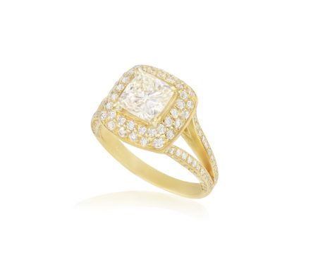 A DIAMOND SINGLE-STONE RING The cushion modified brilliant-cut diamond weighing 1.20ct, within a brilliant-cut diamond frame 