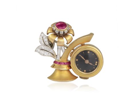 A RARE RETRO RUBY AND DIAMOND LAPEL WATCH BROOCH, CIRCA 1945 The stylised flower within a polished and brushed gold vase, wit